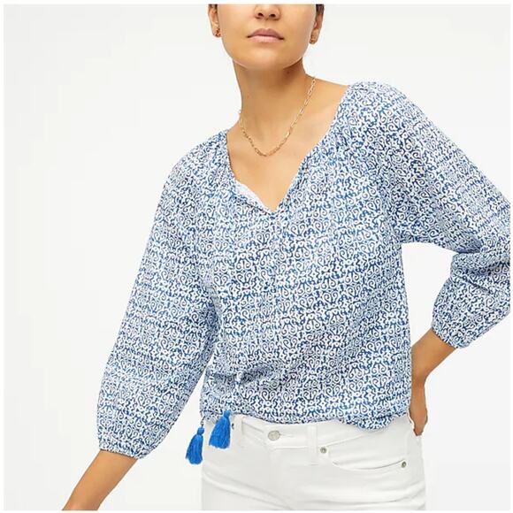 NWT J. Crew Blue and White Raglan Cotton Tassel Tie Boho Top  - SIZE MEDIUM - Picture 3 of 10